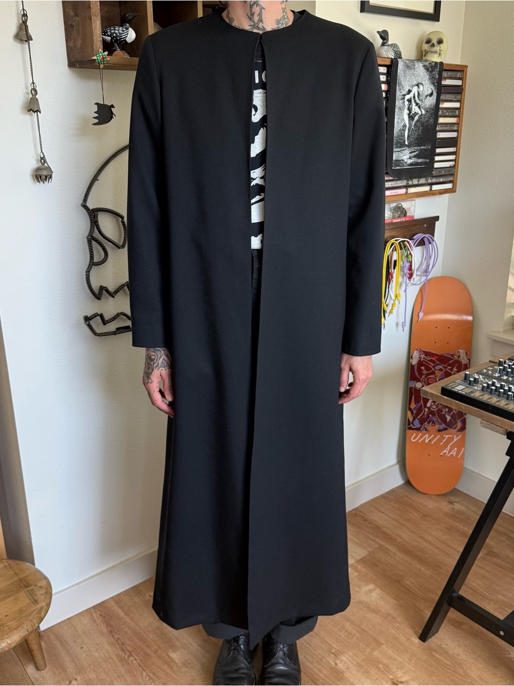 Vintage 90s Black Collarless Minimalist Wool Duster Coat Harve Benard ~ Size M